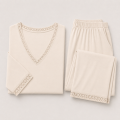 Pijama De Mujer Adona Viscosa Con Encaje Beige
