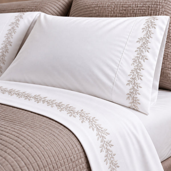Juego de Sábanas 400 Hilos Blanco Óptico Bordado Laurus Light Silver