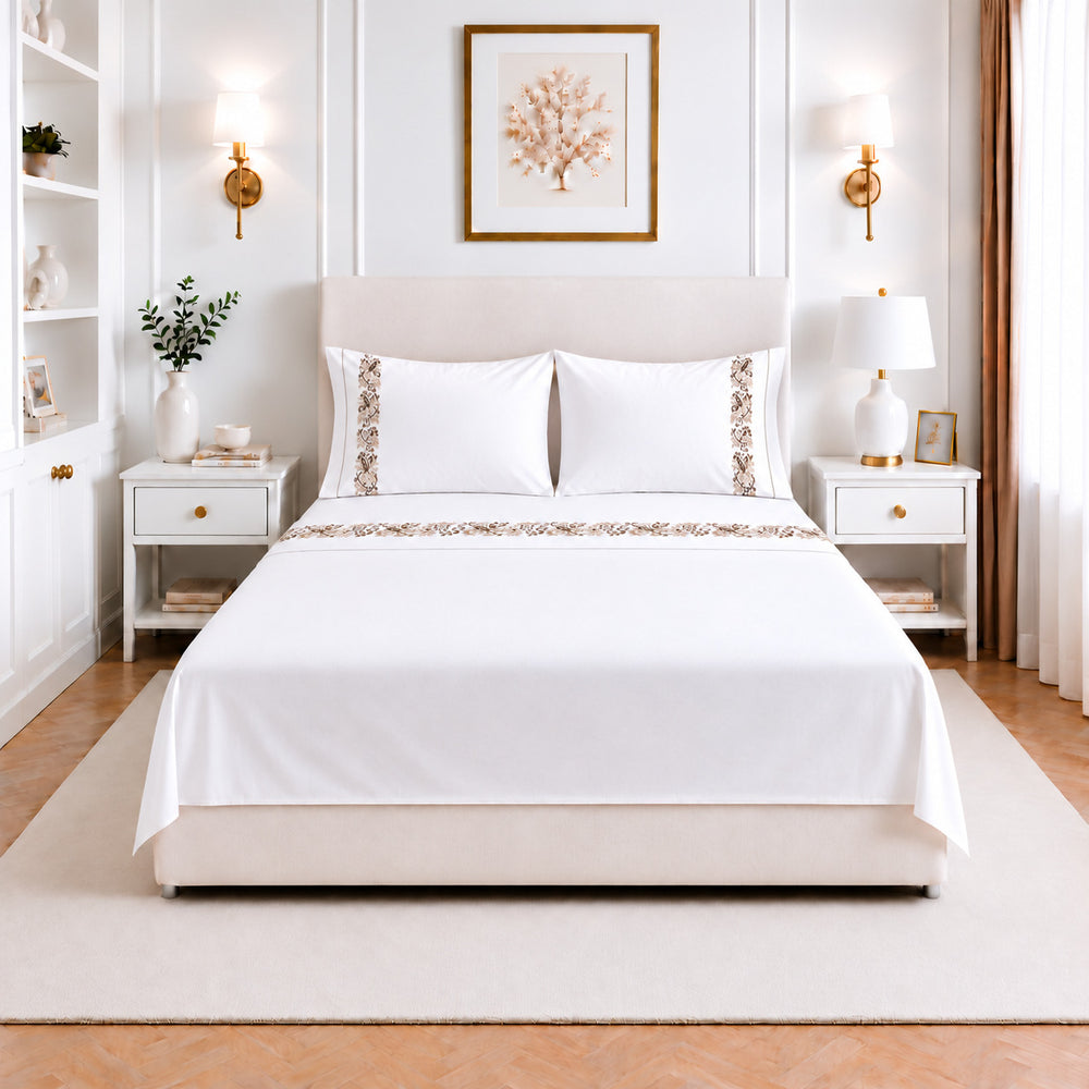 Juego de Sábanas 400 Hilos Blanco Óptico Bordado Versailles Moka
