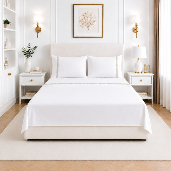 Juego de Sábanas 400 Hilos Blanco Óptico Aros Bordado Dubai Camel