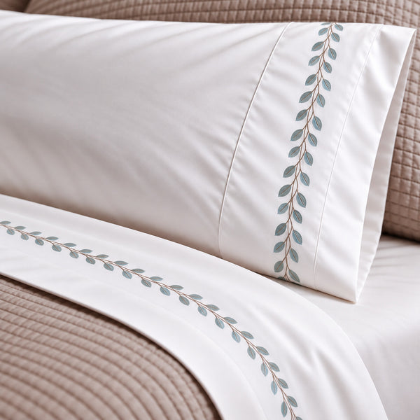 Juego de Sábanas 300 Hilos Blanco Óptico Bordado Botanical Acero