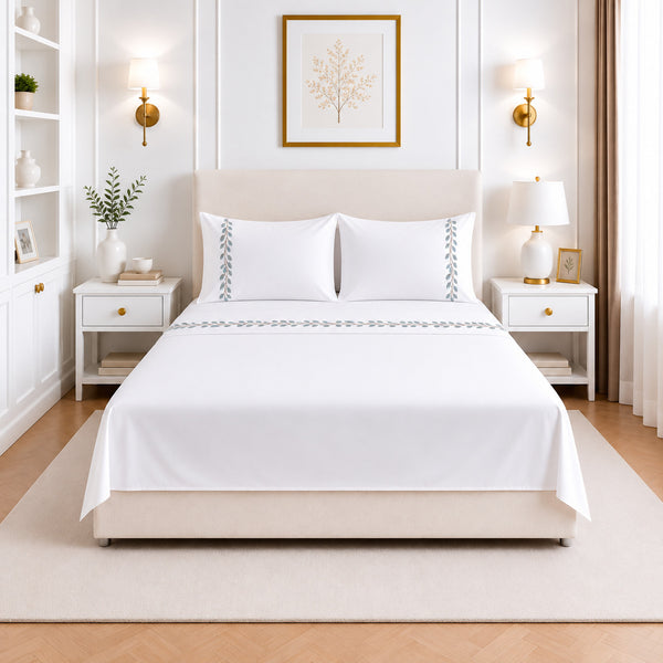 Juego de Sábanas 300 Hilos Blanco Óptico Bordado Botanical Acero