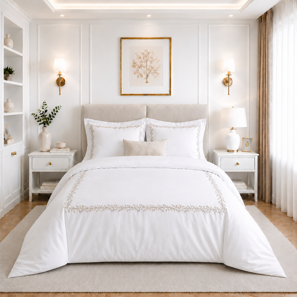 Juego de Cubreduvet 400 Hilos Blanco Optico Bordado Laurus Camel