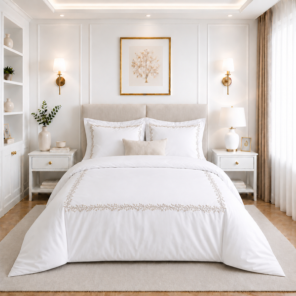 Juego de Cubreduvet 400 Hilos Blanco Optico Bordado Laurus Camel